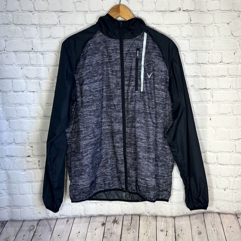 CALLAWAY Mens M Windbreaker Long Sleeve Jacket GRAY BLACK Hooded Zip‎ Golf